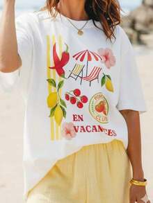 Camiseta de Gran Tamaño con Estampado Gráfico de Frutas y Verduras para Mujer, Nueva Camiseta Casual de Manga Corta con Cuello Redondo, Estilo Retro para Vacaciones en la Playa, Cómoda y Holgada, Transpirable para Uso Diario en Vacaciones, Ropa Urbana, Regreso a Clases, Festivales de Música, Salidas de Fin de Semana - Camiseta Unisex de Algodón Holgada de Manga Corta con Cuello Redondo Estilo Vintage Urbano - Blanco - Ver 7
