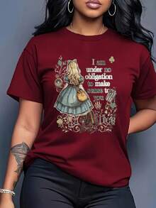 Camiseta de Verano Premium Estampada para Mujer, Diseño Personalizado "Alice, no tengo ninguna obligación", Estilo Casual Versátil para Primavera/Verano, Uso Diario, Viajes, Ropa Elegante para Mujer, Diseño Deportivo y Moderno, Cuello Redondo Simple, Cómoda y Transpirable. - Negro - Ver 9