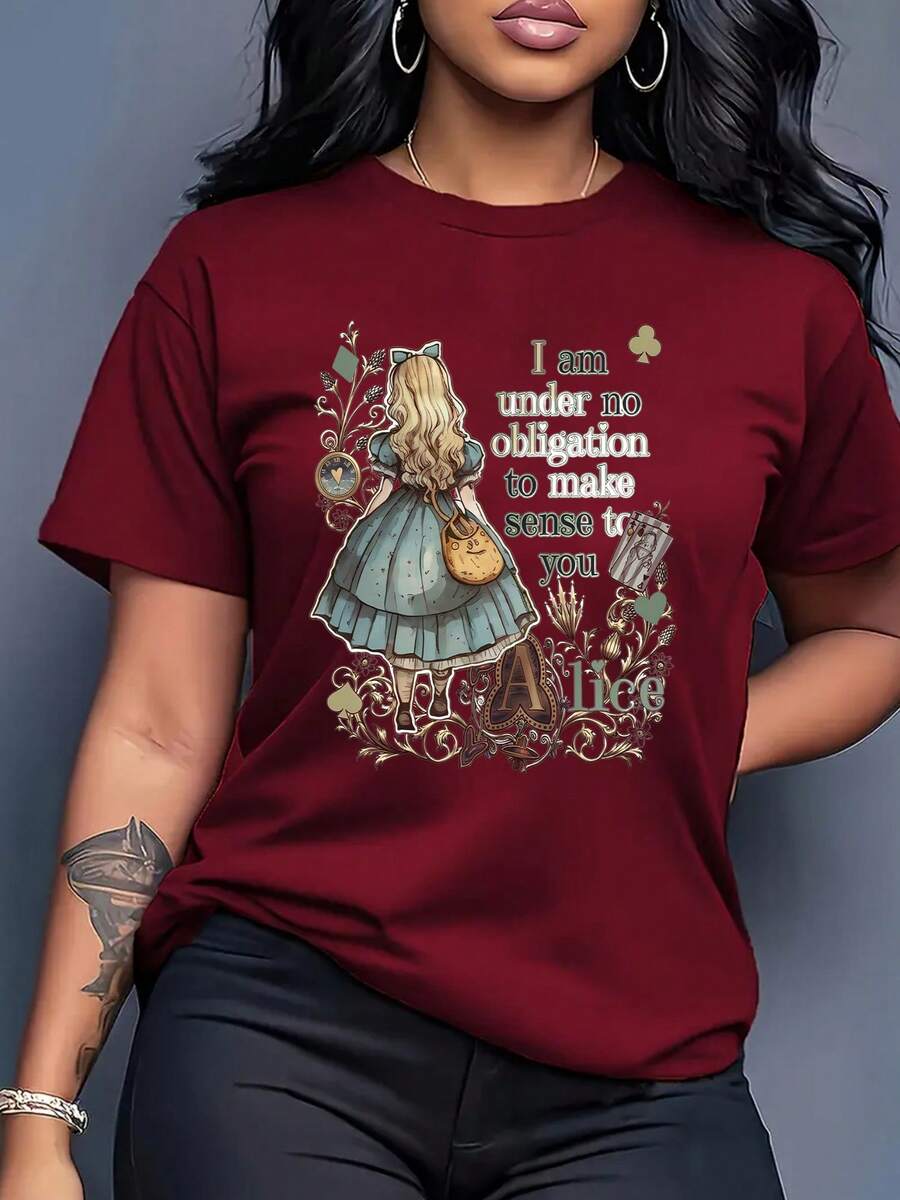 Women's Premium Printed Summer T-Shirt, Custom Design "Alice, I Have No Obligation", Versatile Casual Style For Spring/Summer, Daily Wear, Travel, Elegant Women's Clothing, Sporty And Modern Design, Simple Round Neck, Comfortable And Breathable. - 紅色 - 查看 1