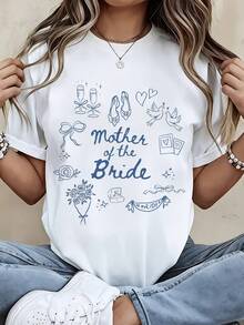 1 camiseta de manga corta a la moda para la madre de la novia, con un diseño estampado de temática nupcial, perfecta para ocasiones románticas. Esta camiseta casual de cuello redondo para mujer es transpirable, ligera y cómoda, ideal para usar en primavera y verano. 180g 100% Algodón. - Blanco - Ver 6