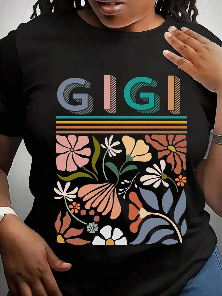 Suave, transpirable y ligera para comodidad durante todo el día. Camiseta floral de cuello redondo Gigi, regalo para la abuela, camiseta de manga corta estilo retro Gigi, camiseta de jersey Gigi, regalo para la abuela, camiseta floral boho para revelación de bebé. Cuello redondo clásico con un corte relajado que favorece todas las formas del cuerpo y es fácil de combinar con jeans, pantalones cortos y leggings. - Negro - Ver 1
