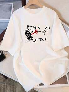 Camiseta blanca casual para mujer, de corte holgado, con un diseño de un gato selfie de dibujos animados. Esta camiseta de manga corta y cuello redondo es lavable a máquina, elegante y adecuada para el uso diario, hecha de un tejido suave y duradero. - Blanco - Ver 7