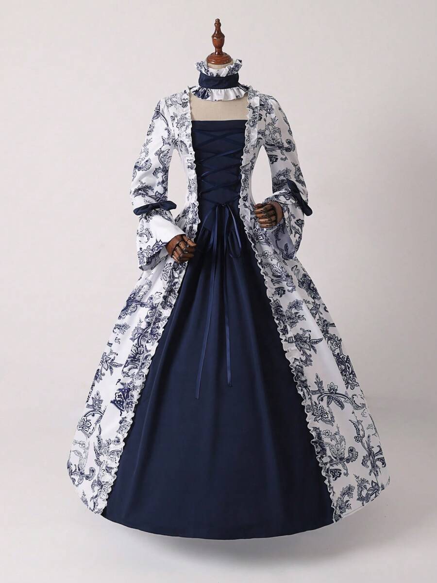 Váy cung đình thời Trung cổ Victoria, váy xòe tay loe Gothic Lolita thời Phục hưng, váy dài tay cổ điển, váy dạ hội in hoa thanh lịch cho kỳ nghỉ - Màu xanh lam - Xem 1