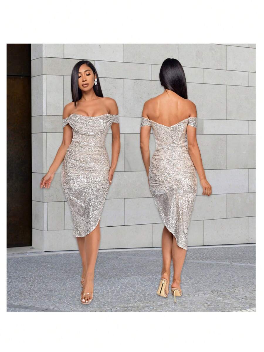 Women's Champagne-Colored Sequined Dress, Off-Shoulder Draped Design, Asymmetrical Side Slit, Stretchy Shiny Fabric Ideal For Summer Parties, Weddings As A Guest And Elegant Outdoor Dinners, Sexy Glamorous Style Perfect For Celebrations And Formal Events - 白色 - 查看 1
