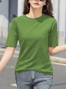 Camiseta de mujer elegante de un color - Rosa suave con cuello redondo y manga corta, perfecta para de verano, camiseta de diario| Top versátil| Ajuste cómodo - Negro - Ver 11