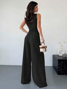 Nuevo conjunto de primavera para mujer de 2 piezas con chaleco asimétrico de botón metálico de textura de lino color caqui y pantalones anchos de cintura alta estilizadores, elegante vestimenta de oficina - Negro - Ver 2