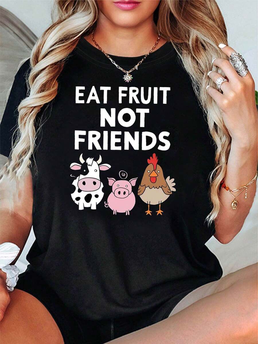 Women's Tops, Women's T-Shirts, Mother's Day, Casual Blouses For Ladies, Women's Tops, 2000s Style, Women's T-Shirt With Cute Farm Animal Print 'Eat Fruit Not Friends', Top For Events At Vegan Restaurants, Fun And Cute Style, Casual Style Short Sleeve T-Shirt. - 黑色 - 查看 1