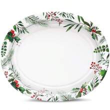 50 platos ovalados de Navidad 12 x 10 pulgadas platos de papel resistentes con hojas de acebo bayas rojas para Navidad día festivo boda decoración de fiesta verde y rojo - Flor de Navidad - Ver 3