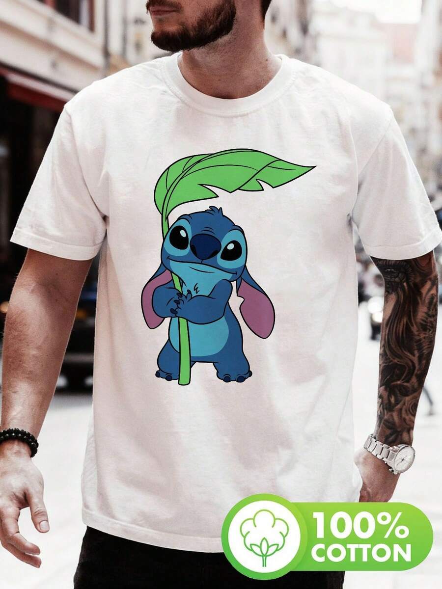 Disney Lilo & Stitch "Stitch With Palm Leaf" Graphic T-ShirtMen's Short-Sleeved T-Shirt With Zootopia 2 Design. Crew Neck, Casual And Comfortable, Breathable And Lightweight, Suitable For Sports And Casual Wear. - 白色 - 查看 1