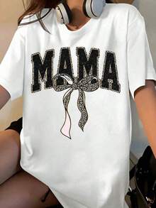 Women's Leopard Print T-Shirt With Bow, Fashionable Casual Graphic Tee, Mother's Day Gift Idea, White Top With Glitter Lettering And Cute Bow Design, Perfect For Everyday Wear [Suitable For Leisure And Sports Occasions] - 白色 - 查看 1