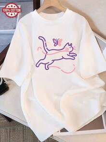 Modern And Minimalist T-Shirt For Women - Cute Cat And Butterfly Design, Casual Short-Sleeved Top In White, Fun Design In Pink And Purple, Youthful And Fashionable Style For Everyday Wear, Versatile For All Seasons. - 白色 - 查看 7