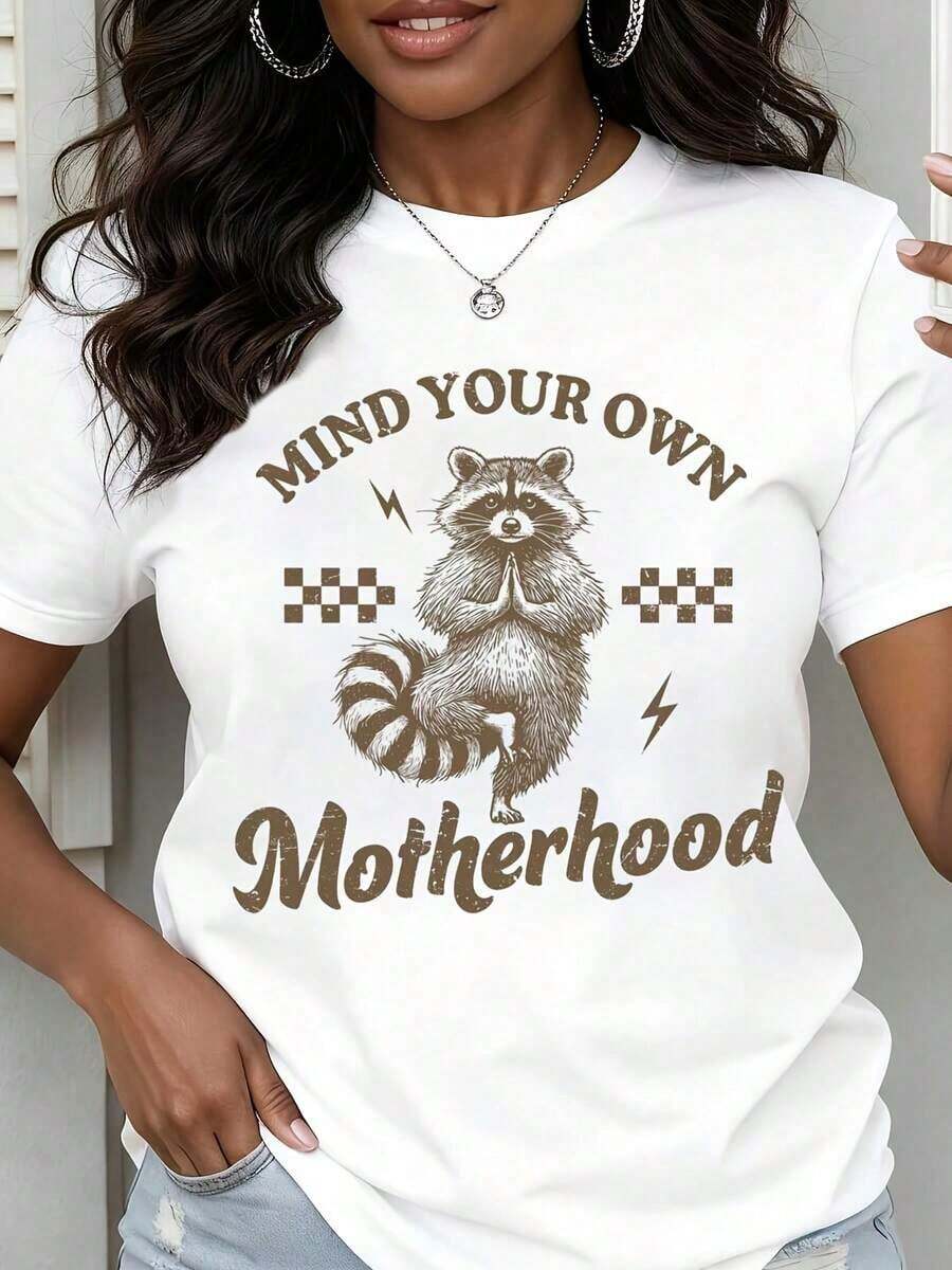 Women's Modern Minimalist Casual T-Shirt With 'Raccoon Mind Your Own Motherhood' Graphic Print, Summer Top For Everyday Casual Wear - 白色 - 查看 1