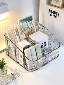 1pc Transparent Acrylic Desktop Storage Box - Multi-Compartment Remote Control Holder, Living Room Coffee Table, Bedroom Nightstand Tissue Box, Makeup Brush, Vanity Makeup Organizer - Transparent - View 2