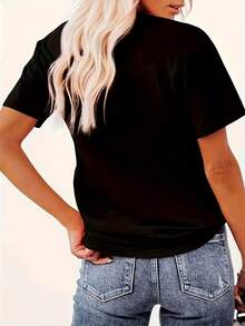 Women's Cotton T-Shirts, Round Neck, Casual Style, Heart Print T-Shirt, Short Sleeve Athletic T-Shirt Design For Women, Graphic T-Shirts For Women, Tops For Women. Simple T-Shirt For Everyday Wear - 黑色 - 查看 3