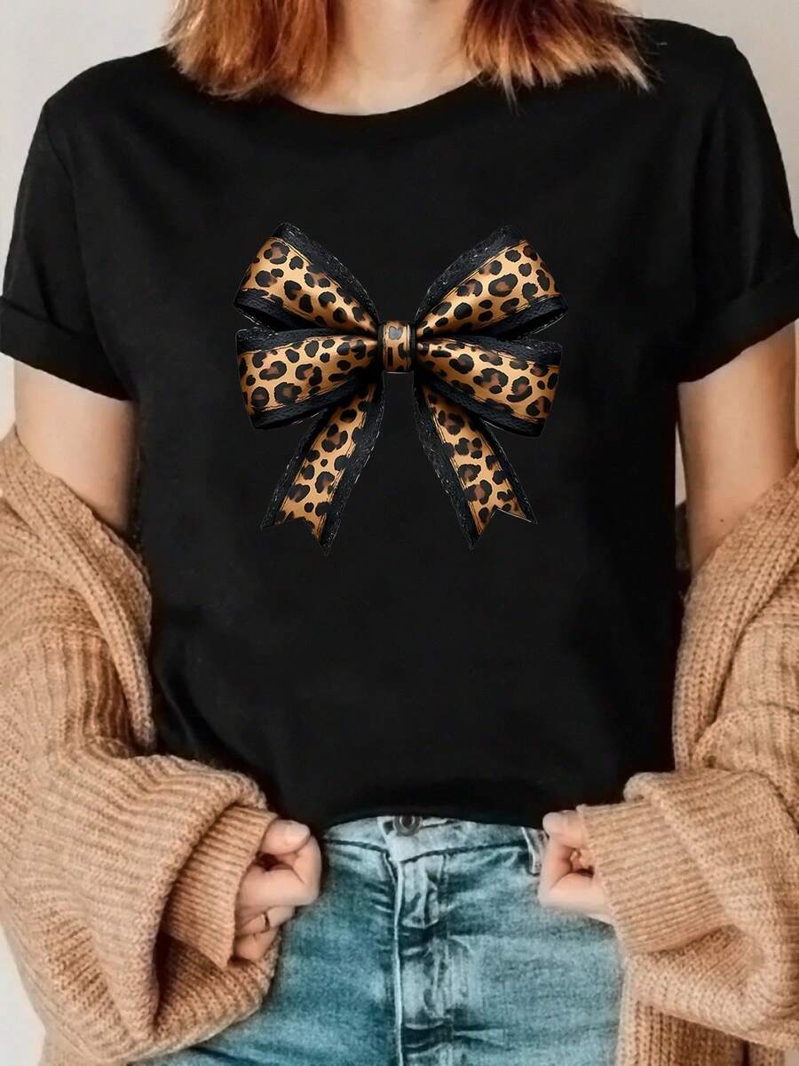 A Cute Summer T-Shirt With A Bow Print, A Popular Breathable And Comfortable Short-Sleeved Top For Women, Perfect For Casual Wear - Unisex Loose Cotton Short-Sleeved Round Neck Urban Vintage Style T-Shirt. - 黑色 - 查看 1