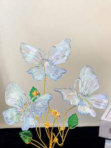 1pc Exquisite Butterfly Artificial Potted Plant With Fashionable Beaded Artificial Flowers, Elegant Craft Ornament, Creative Holiday Gift, Suitable For Wedding Decor, Home Room And Office Desk Decoration - Multicolor - View 7