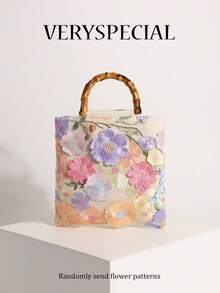 Fashionable Colorful Sequin Contrast Mesh Embroidered Jacquard Elegant Lady Bamboo Handle Tote Bag, Linen Handbag For Party & Holiday, Floral Pattern Randomly Sent - Beige - View 10