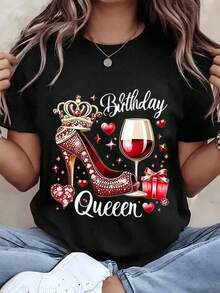 Women's T-Shirt With Birthday Queen Print, Red Heel, Crown And Wine Glass In Gift Box, Round Neck, Regular Fit, Casual Wear For Birthday Celebration, 220g, Casual Daily Wear. - 黑色 - 查看 6