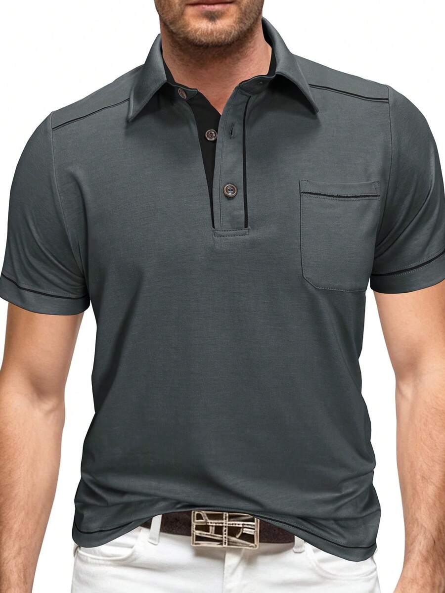 Plus Size Men's Short Sleeve POLO Shirt, Summer Contrast Color Button Pocket Collar Top, Casual Solid Color Henley Shirt - Dark Grey - View 1