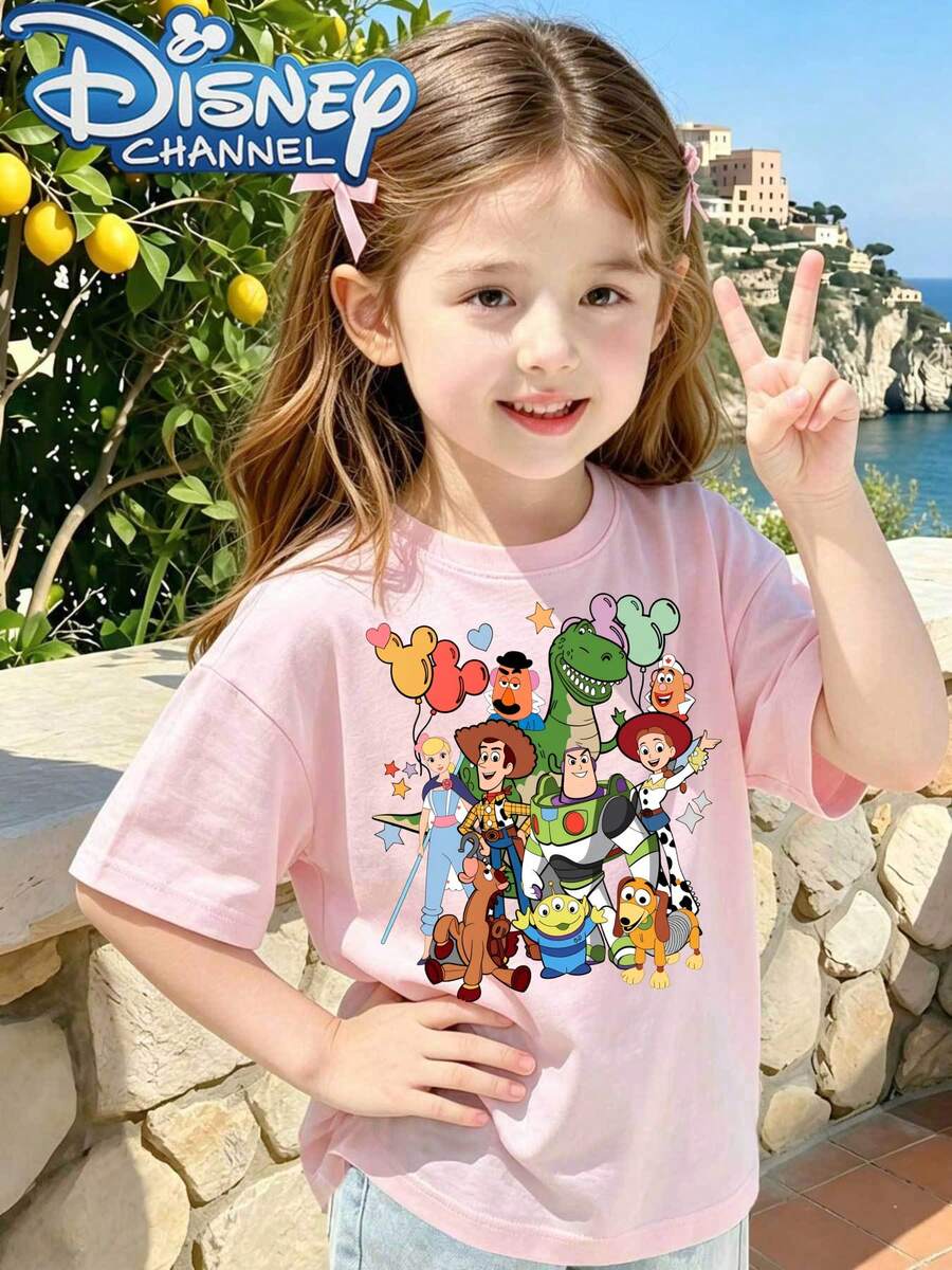DisneyCute Cartoon Character Print Men's T-Shirt Disney Toy Story Theme Summer Casual Wear For Kids And Teens Gift - 粉色 - 查看 1