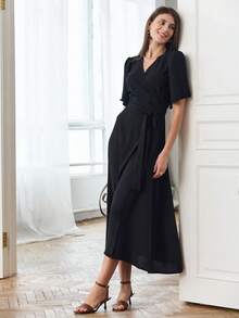 French Maxi Dress With V-Neck, Tie And Fitted Waist, Spring Summer 2026 - 黑色 - 查看 3