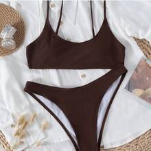 New Women's Sexy Solid Color Bikini Swimsuit - 咖色 - 查看 5