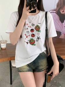 Áo thun nữ dáng rộng cổ tròn in hình cà chua, thời trang & đa năng, thoải mái & giản dị, màu trắng. - trắng - Xem 2