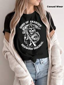 Women's Casual Sports T-Shirt, Crew Neck, SONS OF ANARCHY, REDWOOD ORIGINAL, MC, Biker, Rebel Style Design, Party Wear, Halloween Costume, Motorcycle, Biker Style, Skull Design, Comfortable All-Season Top - 黑色 - 查看 1