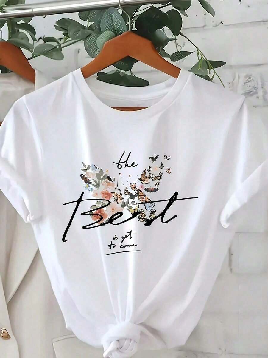 Women's Blouses, Cartoon Print T-Shirt For Women, Casual Short Sleeve T-Shirt For Spring And Summer, 100% Cotton Women's Clothing With Round Neck, Summer Essential, Casual Wear For Everyday Use, - 白色的 - 查看 1
