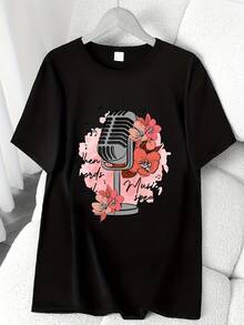 Large Microphone And Music Print, Unique Style, A Must-Have For Trendsetters, Short Sleeve, Studio Wear, Team Wear With Prints, New 2026 Crew Neck T-Shirt, Fashionable, Youthful, Modern, Casual Short Sleeve T-Shirt, Sporty, Summer, High Elasticity, Women's Base Layer T-Shirt, Colorful Patterned Printed T-Shirt. Elegant Party Outfit, T-Shirt For Elegant Ladies, Blouses Suitable For Curvy Women, Casual Wear, Cool And Sweat-Free Summer Wear, Fun Letter Print. - 黑色 - 查看 6