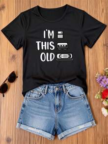 Mexican Plus Size - Plus Size - Women'S Plus-Size T-Shirt Retro Media Storage Icons Printed Short Sleeve Round Neck Top Tee Cartoon T-Shirts Soft Breathable Female Clothing TshirtCamiseta Algodón Moda Verano - 黑色 - 查看 9