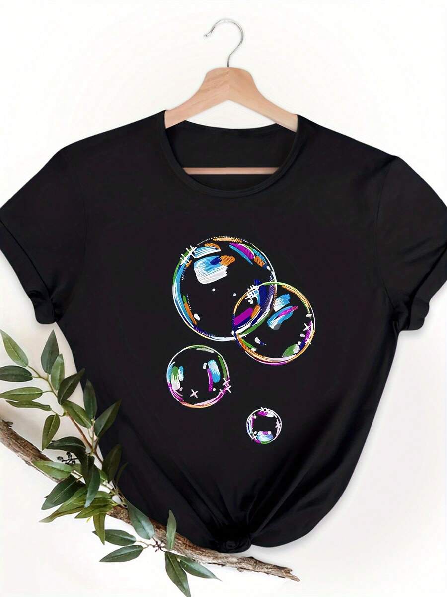 Women's Autumn And Winter Fashion With Colorful Abstract Prints, Breathable And Soft, Perfect For Sports Parties, Cute And Elegant, Ideal For Leisure At Home With Round Neck And Short Sleeves - 黑色 - 查看 1