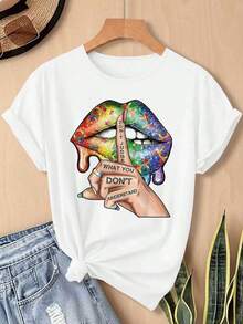 Elegant And Stylish Plus Size Women's Party Garment With Lip And Gesture Prints, Beautiful Elegant Ladies Party Garment, Loose Fit, Soft And Machine Washable, Short Sleeve Top With Round Neck And Elastic Sporty Style. - 白色 - 查看 1