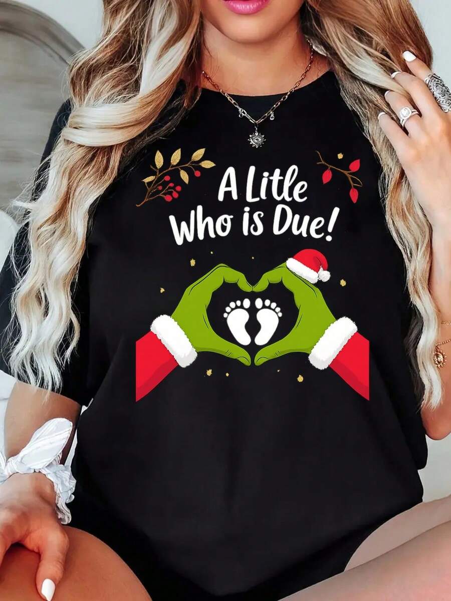 Women's Christmas Maternity Short-Sleeved T-Shirt With Baby Christmas Print, Casual Black Round Neck T-Shirt, Elastic, Machine Washable, Suitable For Spring/Summer/Autumn. - 黑色 - 查看 1