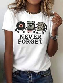Never Forgotten, Vinyl Record Print, Women's Casual Short Sleeve T-Shirt, Comfortable Fit, Sister Sets, Outdoor Travel Essential, Women's T-Shirt, Spring/Summer T-Shirt. - 白色 - 查看 1