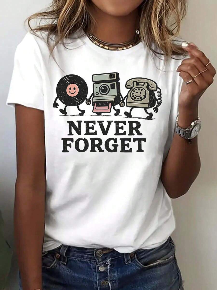 Never Forgotten, Vinyl Record Print, Women's Casual Short Sleeve T-Shirt, Comfortable Fit, Sister Sets, Outdoor Travel Essential, Women's T-Shirt, Spring/Summer T-Shirt. - 白色 - 查看 1