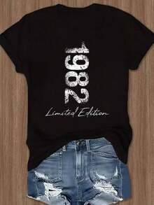 Women's Vintage 1982 Limited Edition T-Shirt - Retro Graphic Tee With Bold Numbers "1982", Soft And Breathable Fabric For Everyday Wear And Special Occasions - Casual Retro Outfit Essential (Sizes S-3XL) - Limited Edition Year - Birthday Gift Idea, Ladies' T-Shirts, All-Season Clothing, Geometric Pattern T-Shirt, Comfortable Fit, Classic Crew Neck, Durable Construction, Short Sleeve Top, Fashion Enthusiasts - 黑色 - 查看 1