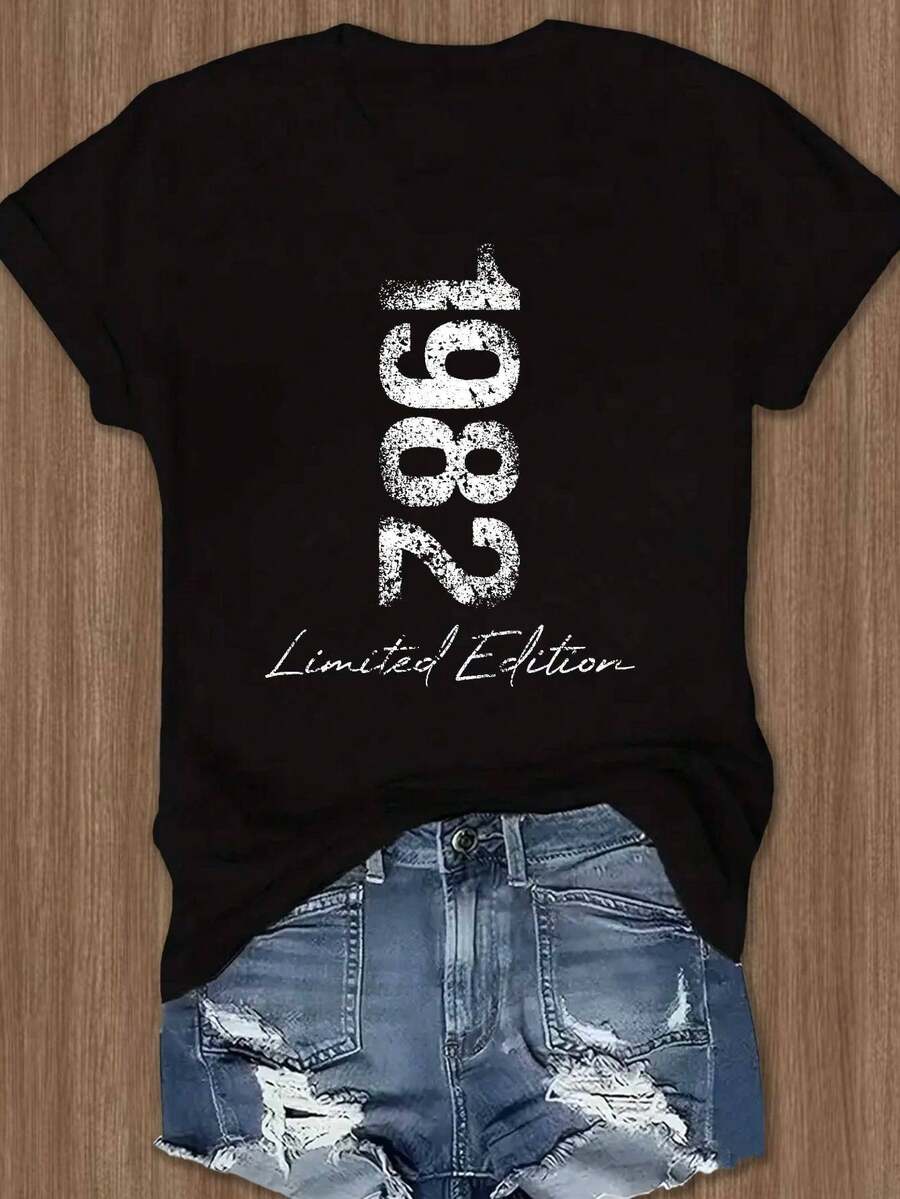 Women's Vintage 1982 Limited Edition T-Shirt - Retro Graphic Tee With Bold Numbers "1982", Soft And Breathable Fabric For Everyday Wear And Special Occasions - Casual Retro Outfit Essential (Sizes S-3XL) - Limited Edition Year - Birthday Gift Idea, Ladies' T-Shirts, All-Season Clothing, Geometric Pattern T-Shirt, Comfortable Fit, Classic Crew Neck, Durable Construction, Short Sleeve Top, Fashion Enthusiasts - 黑色 - 查看 1