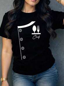 Women's Short-Sleeve T-Shirt With A Fun Chef Print. Original And Modern Design, Ideal For Cooking Enthusiasts. Soft And Comfortable Fabric, Perfect For A Casual And Stylish Look. Express Yourself With This Unique And Personality-Filled Garment! Women's Casual Blouses 100% Cotton - 黑色 - 查看 1