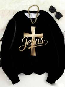 MSUCC|Women's Basic T-Shirt With Round Neck, Print, American Style, Modern And Youthful Design, Suitable For All Seasons And Everyday Wear, With Soft Fabric|Sweatshirt With Gold Cross And Jesus Print - 黑色 - 查看 1