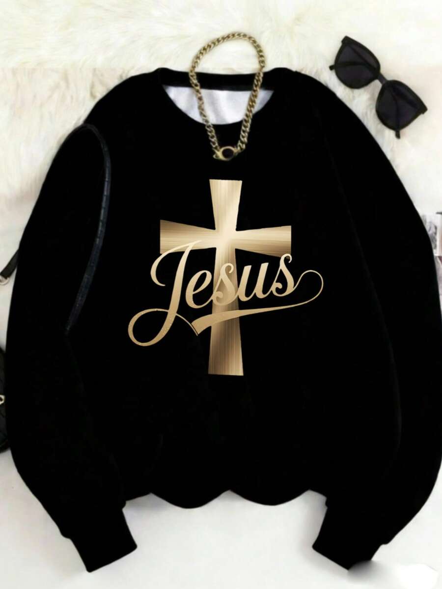 MSUCC|Women's Basic T-Shirt With Round Neck, Print, American Style, Modern And Youthful Design, Suitable For All Seasons And Everyday Wear, With Soft Fabric|Sweatshirt With Gold Cross And Jesus Print - 黑色 - 查看 1