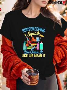 Camiseta Deportiva Casual para Mujer Housekeeping - Camiseta Elástica de Cuello Redondo con Gráfico Divertido, Lavable aáquina, Ajuste Cómodo para Todas las Estaciones, Perfecta para Llevar con un Cárdigan Naranja. - Negro - Ver 1