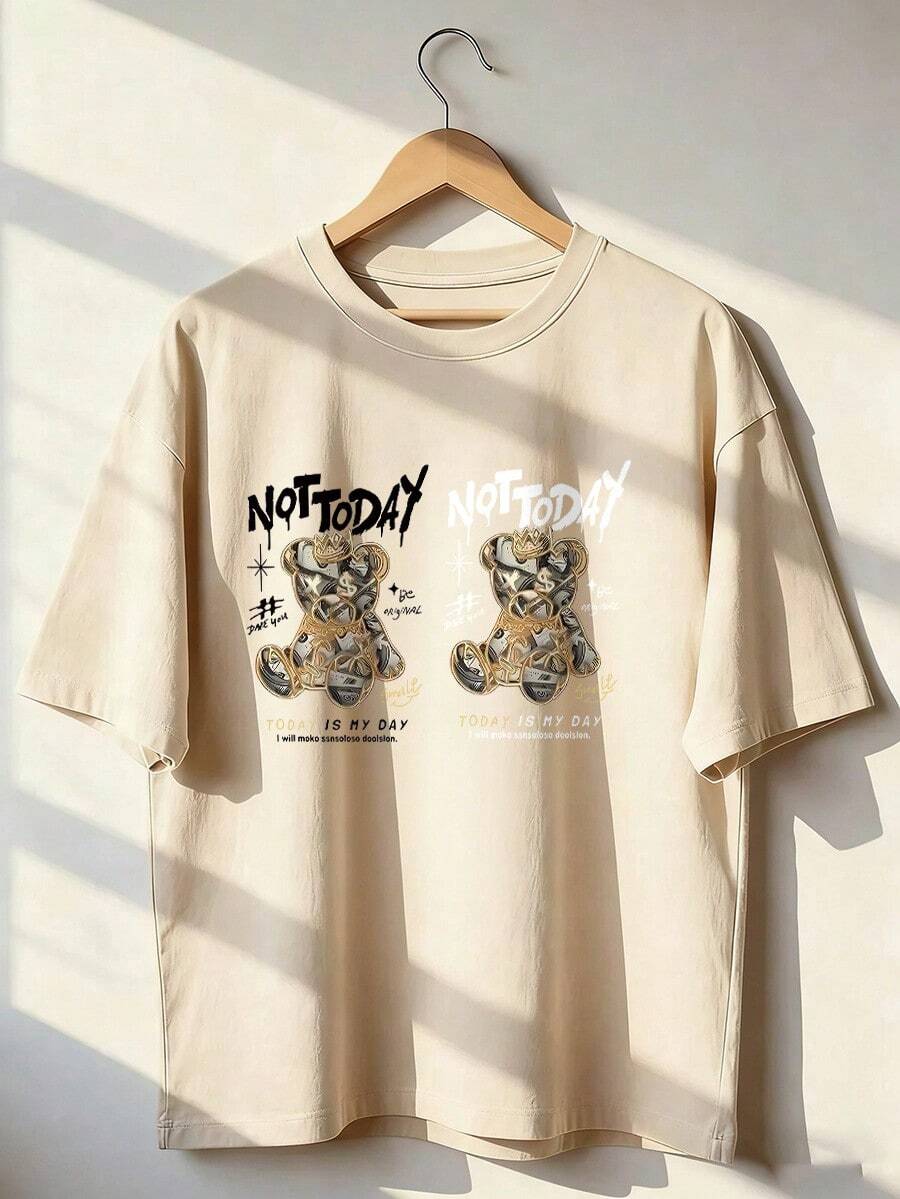 Money Bear T-Shirt With "NOT TODAY" Text, Fashionable Short-Sleeved T-Shirt For Spring And Summer 2026, Made In Mexico, 180 Grams. Cartoon Print, Couple Design, Suitable For Indoor Or Outdoor Wear. Crew Neck, Unisex, Ideal For Office And Leisure. One-Pack. - APR-P631577SLNDXZGY579 - 查看 1