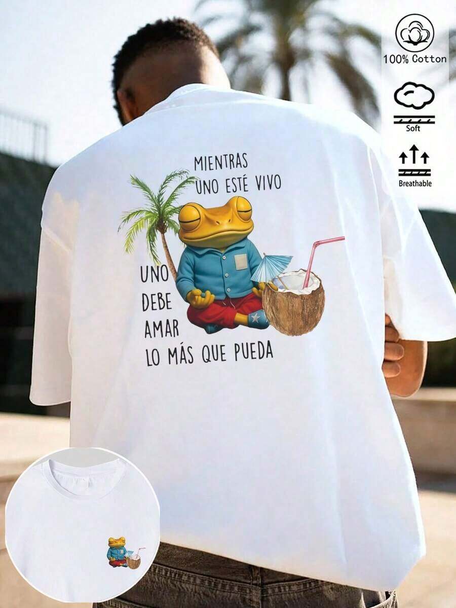 NewSummerCasual Men's T-Shirt, Light Green, Pure Cotton, Spring/Summer, Tailored, Fun Frog Print, Stylish Drop, Soft And Breathable, Loose And Casual, Perfect For Holidays And Festivals, Minimalist Style, Casual Style, Everyday Style, Vacation Style, Fun Print. (Keywords: Summer, Summer Tops, Summer Clothes, Summer Sets, Men's Summer Sets, Summer Top, Men's Summer Set, Men's Casual Blouses, Festival, Party Top, Party, Beach, Gradient, Y2K, Y2K Tops, Country, Country Set) - Vintage Street Style Unisex Loose Cotton Short Sleeve Crew Neck T-Shirt - 白色的 - 查看 1