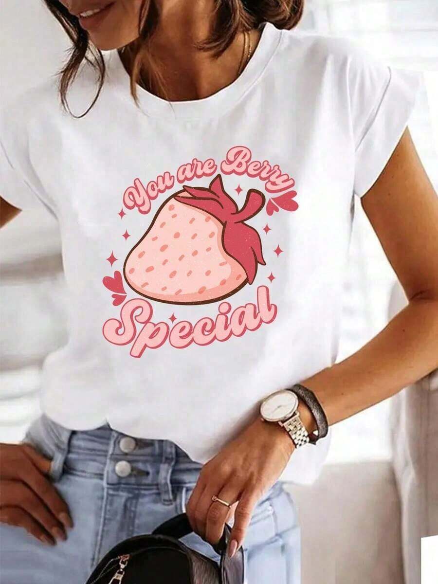 Strawberry Print Camisole, Casual Short-Sleeved Round-Neck Top, Women's Summer And Spring Clothing, Made Of Pure Cotton, Machine Washable. NVYZ Suitable As A Gift. Women's T-Shirt. Blouses > Elegant. Boho Chic. Soft, Breathable, And Comfortable Women's Top, Ideal For Spring, Summer, And Autumn, Perfect For Vacations, Travel, And Everyday Wear. - 白色的 - 查看 1