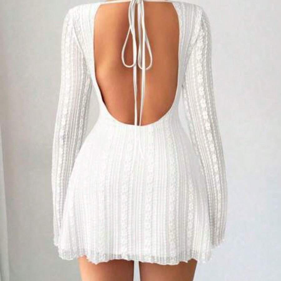 Vestido mini ajustado de encaje de estilo elegante, romántico y sexy para mujer, adecuado para fiestas, vacaciones, vuelta al colegio, citas románticas, bodas y cumpleaños - Manga larga - Blanco - Ver 1