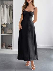 New Spring-Summer Maxi Dress For Women, Casual Holiday Style, Thin Straps, Fitted Cut, Flattering Design, Cool, Perfect For Vacation, Beach, Walks And Day Looks - 黑色 - 查看 3