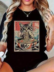 1pc Camisetas Para Mujer Camiseta única Y2K con diseño de gato divertido disfrutando ramen en tazón estilizado, perfecta para destacar tu estilo. Ideal para amantes de la cultura pop y la gastronomía japonesa ¡No te quedes sin la tuya! Camiseta De Manga Corta De Algodón - Negro - Ver 1