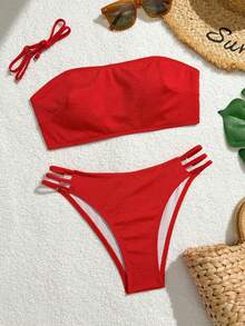 Bộ 2 món bikini dây mảnh màu đỏ có họa tiết, quần bơi cạp cao nhiều dây buộc, có thể tháo rời. - Đỏ - Xem 2