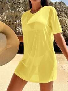 Swim Vcay Encubrimiento de playa para vacaciones de verano de unicolor transparente y de moda para mujer - Amarillo - Ver 5